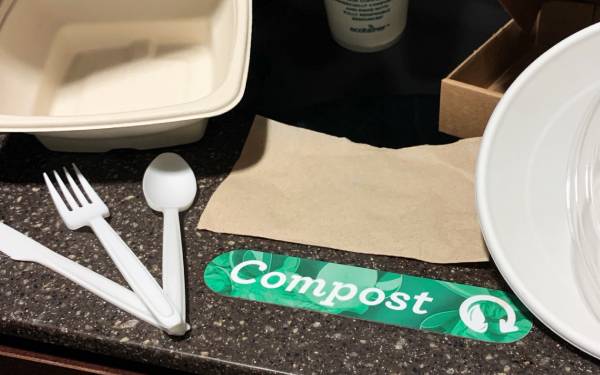 Compostable items including utensils, napkins, cups, and containers